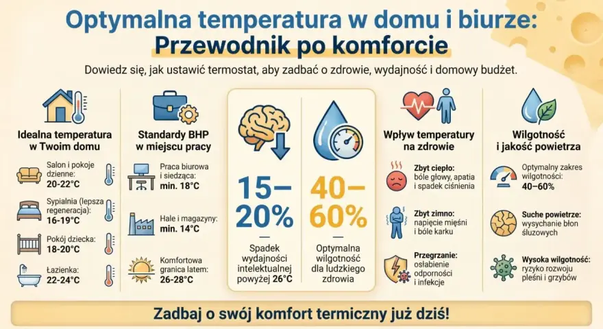 Przewodnik po komforcie: idealna temperatura w domu i biurze, minimalna temperatura w biurze to 14°C. Optymalna wilgotność 40-60%.