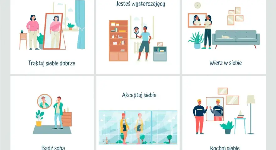Ilustracje pokazują ludzi patrzących w lustro, ćwiczących, rozmawiających i relaksujących się, podkreślając budowanie poczucia własnej wartości.