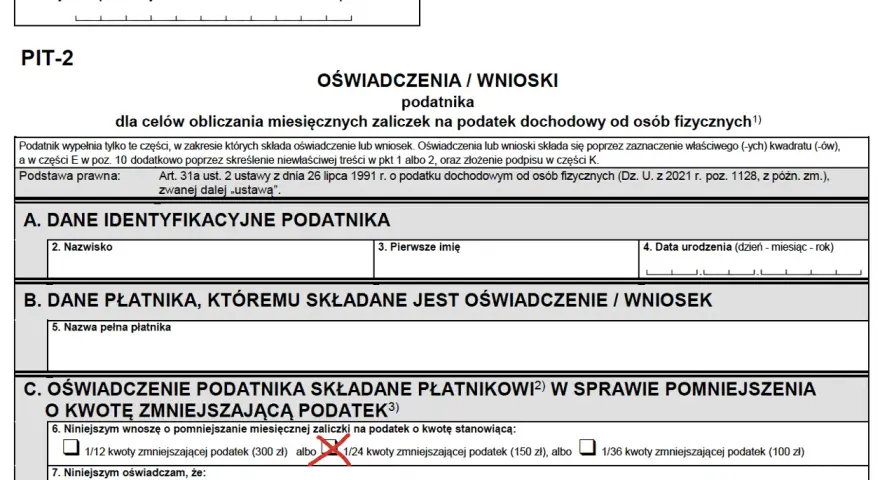 Formularz PIT-2, sekcja C: oświadczenie podatnika o kwocie zmniejszającej podatek. Zaznaczono 1/24 kwoty zmniejszającej podatek.