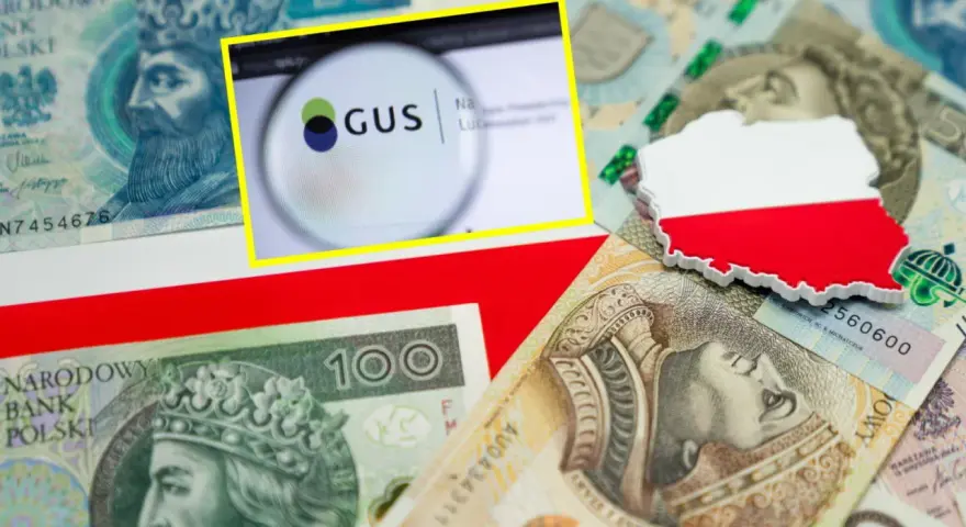 Polskie banknoty, mapa Polski z flagą, logo GUS. Czy średnia krajowa 2026 będzie wyższa?