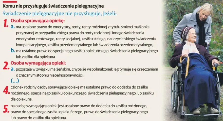 Młoda kobieta pcha wózek z seniorką. Tekst informuje o warunkach przyznawania zasiłku dla opiekuna osoby niepełnosprawnej.