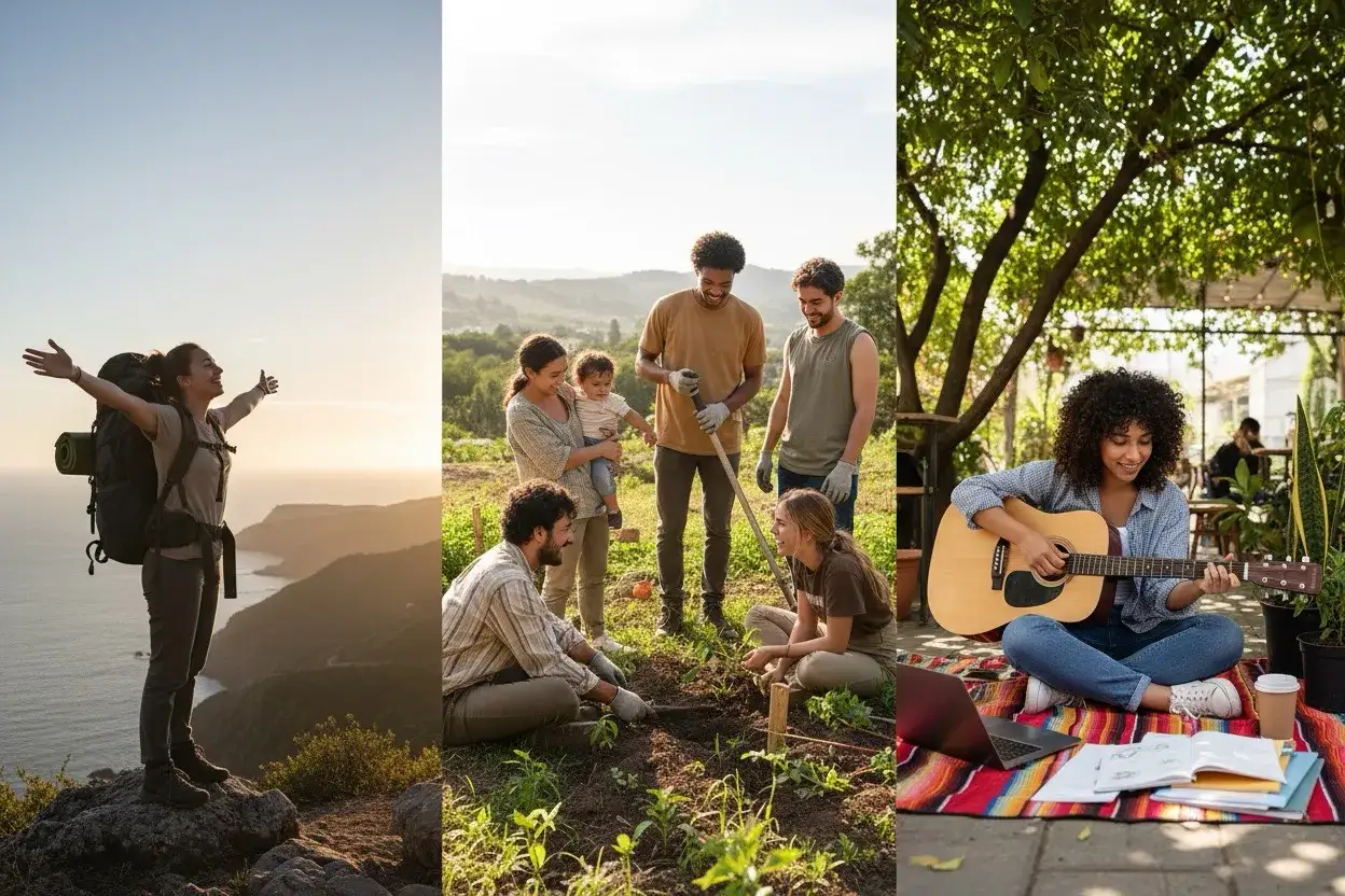Podróżniczka na szczycie, ludzie pracujący w ogrodzie i dziewczyna grająca na gitarze – to wszystko może być częścią wymarzonego gap year.