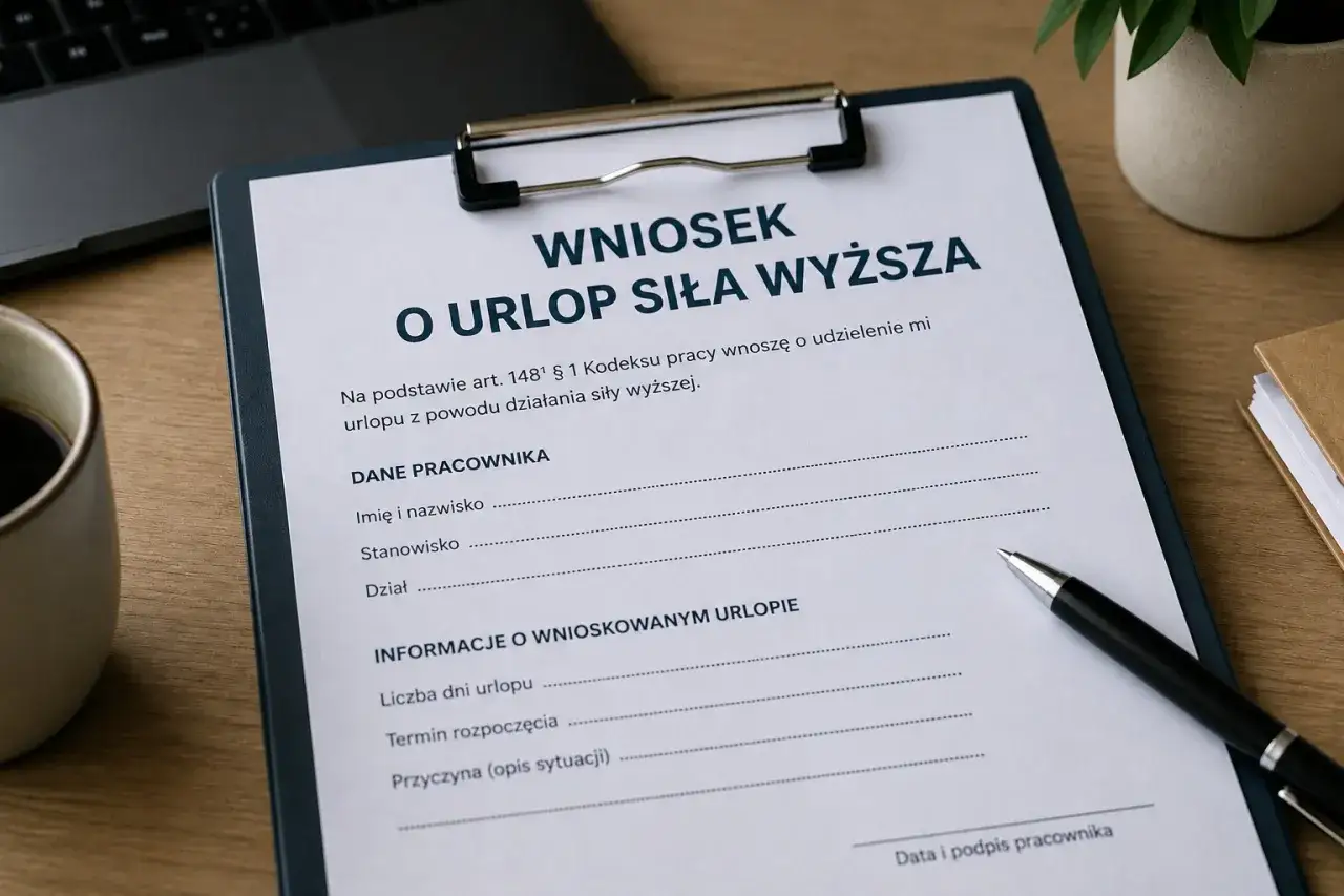 Wniosek o urlop z powodu działania siły wyższej. Dokument zawiera dane pracownika i informacje o wnioskowanym urlopie.