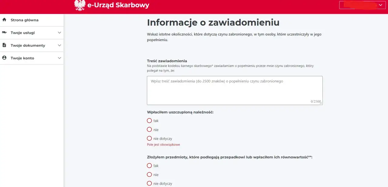 Formularz e-Urzędu Skarbowego do zgłoszenia czynu zabronionego. Możesz tu opisać, jak napisać czynny żal do urzędu skarbowego.