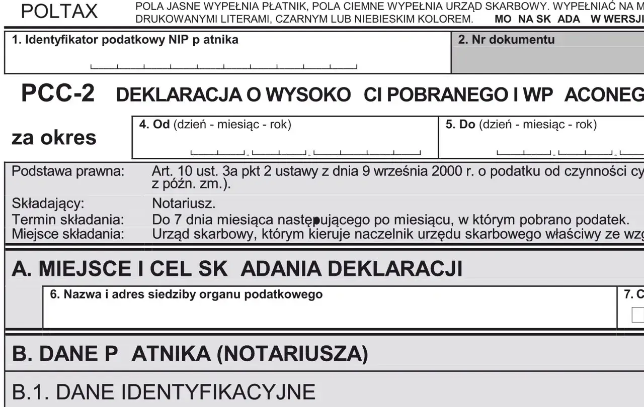 Formularz PCC-2 do rozliczenia podatku od kupna mieszkania. Wypełnia notariusz.