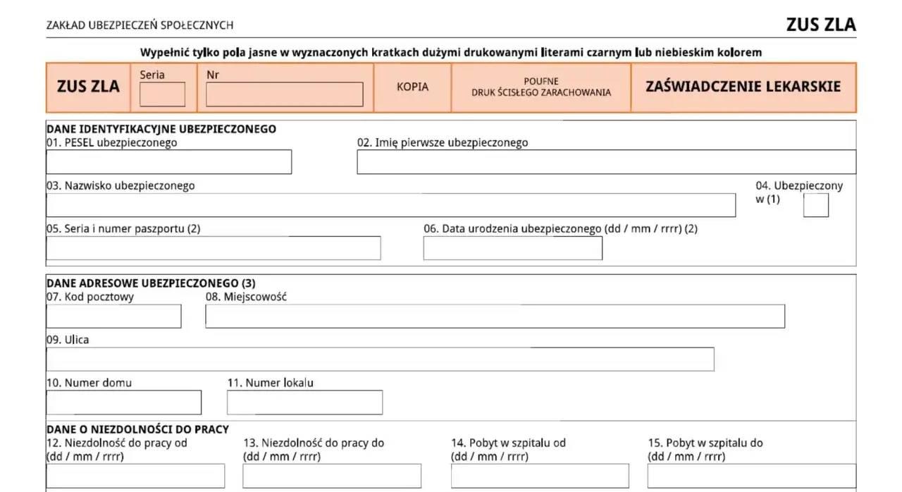 Formularz ZUS ZLA do wypełnienia danych ubezpieczonego i informacji o niezdolności do pracy. Czy psycholog może wystawić L4?