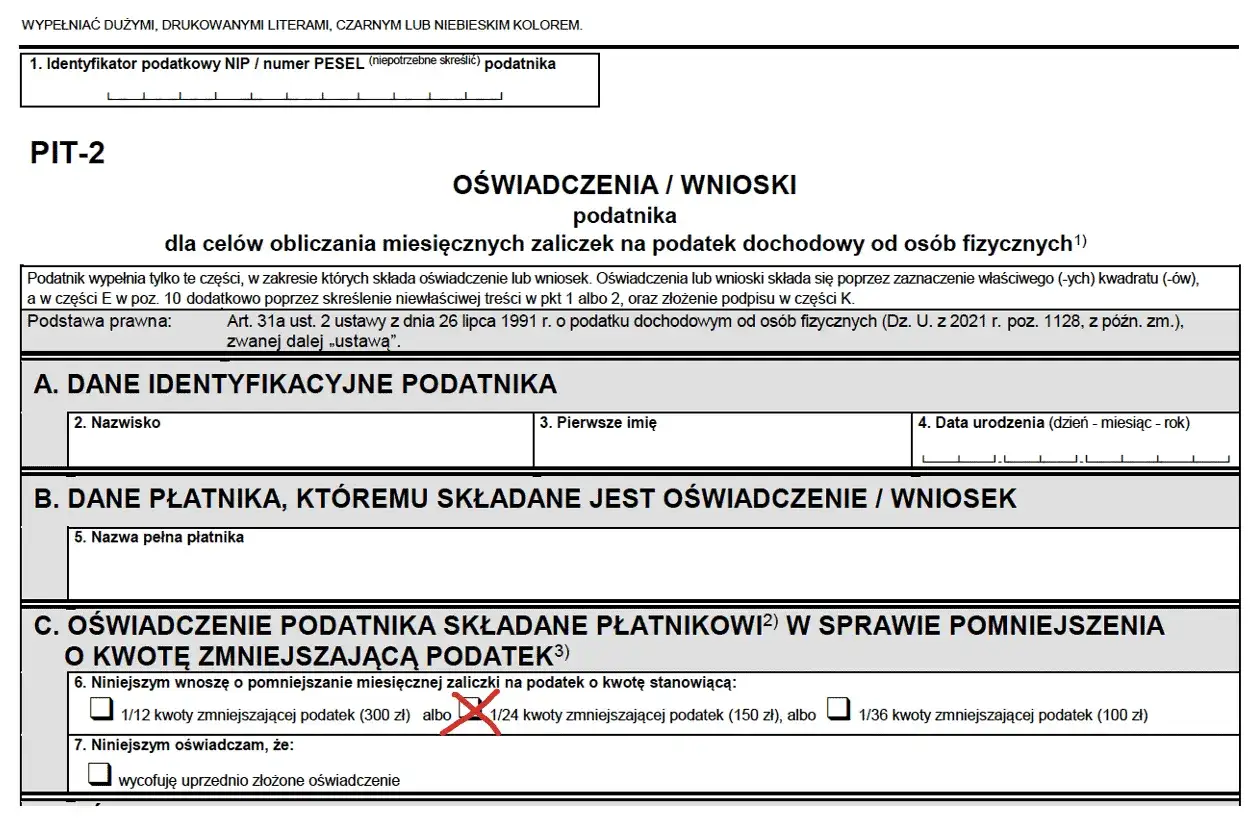 Formularz PIT-2, sekcja C: oświadczenie o kwocie zmniejszającej podatek. Zaznaczono 1/24 kwoty zmniejszającej podatek (150 zł).