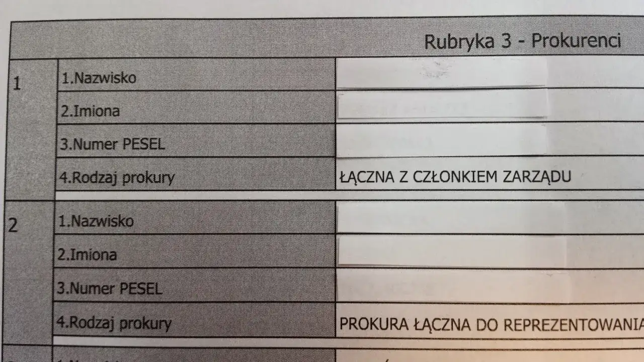 Rubryka 3 - Prokurenci zawiera dane osób, w tym rodzaj prokury, np. łączna z członkiem zarządu.