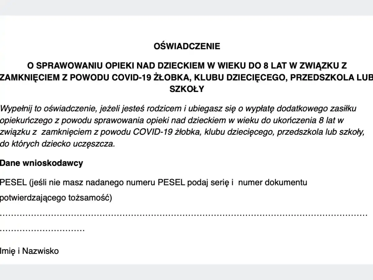 Oświadczenie o sprawowaniu opieki nad dzieckiem do 8 lat z powodu COVID-19, potrzebne do zasiłku opiekuńczego. Wniosek ZUS 15a.
