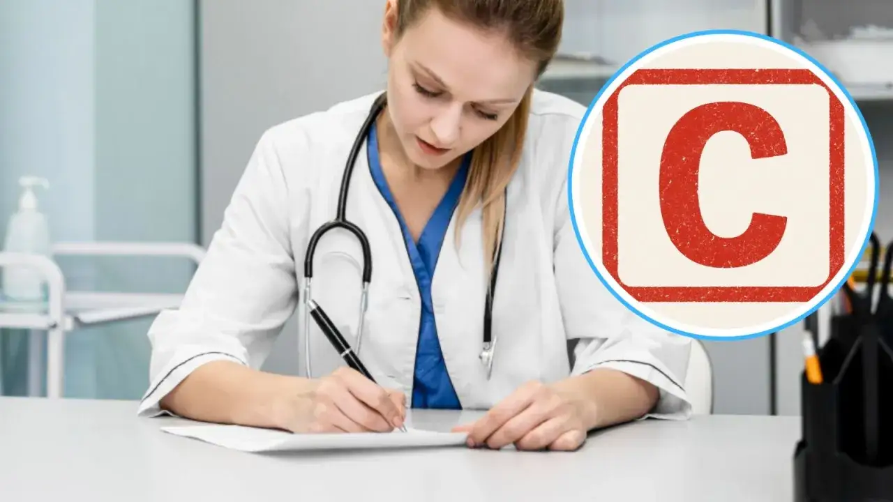 Lekarka pisze receptę, na której widnieje symbol