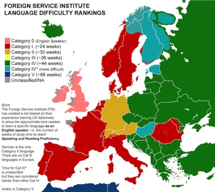 Mapa Europy z zaznaczonymi krajami, których języki są poszukiwane na polskim rynku pracy