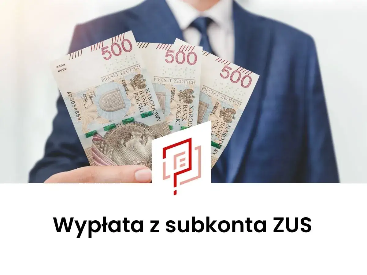 Dłoń w garniturze trzyma banknoty 500 zł. Symbolizuje to jednorazową wypłatę z subkonta ZUS.