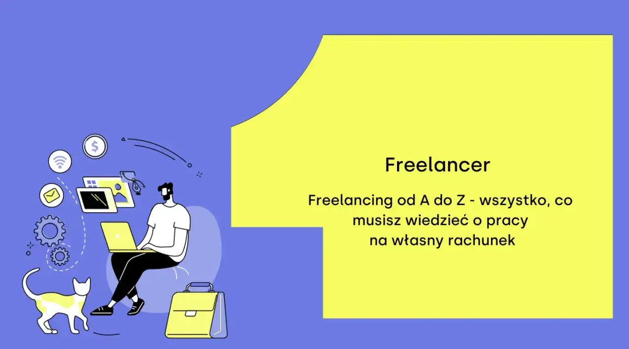 Ilustracja pokazuje, kim jest freelancer: mężczyzna z kotem pracuje na laptopie, otoczony ikonami pracy.