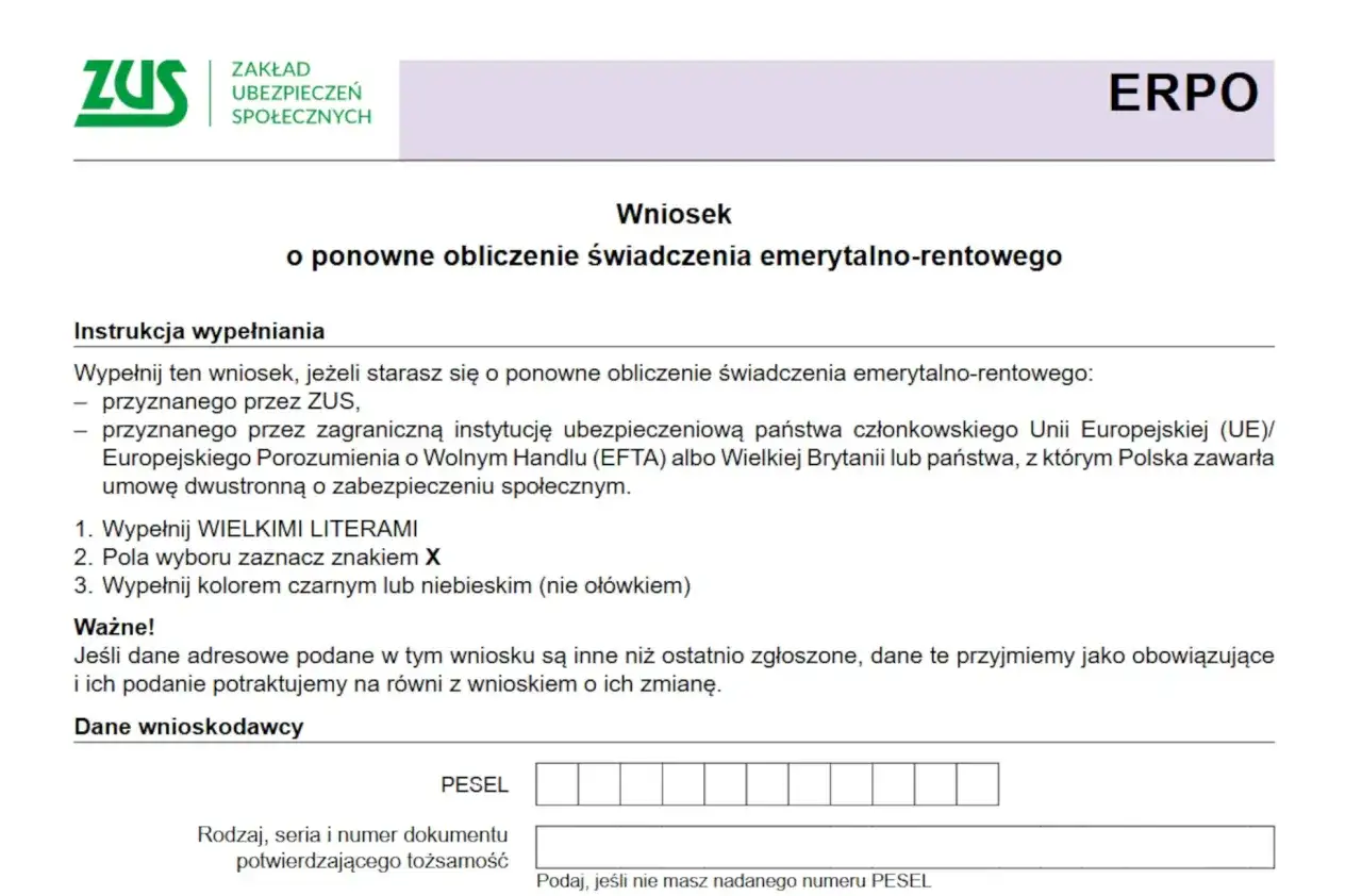 Wniosek o ponowne przeliczenie emerytury. Formularz ZUS do wypełnienia przez osoby ubiegające się o ponowne ustalenie świadczenia emerytalno-rentowego.