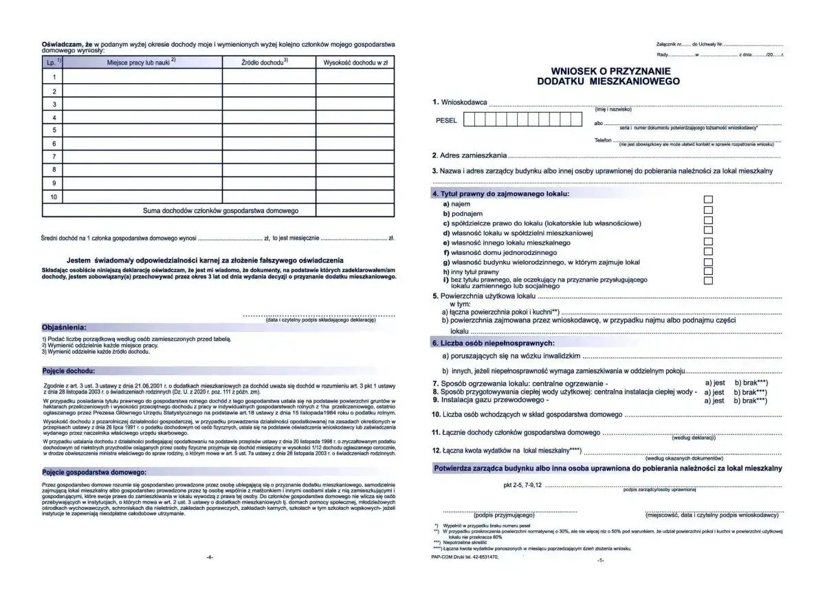Wniosek o przyznanie dodatku mieszkaniowego. Formularz zawiera dane wnioskodawcy, adres, tytuł prawny do lokalu, dochody oraz wydatki.