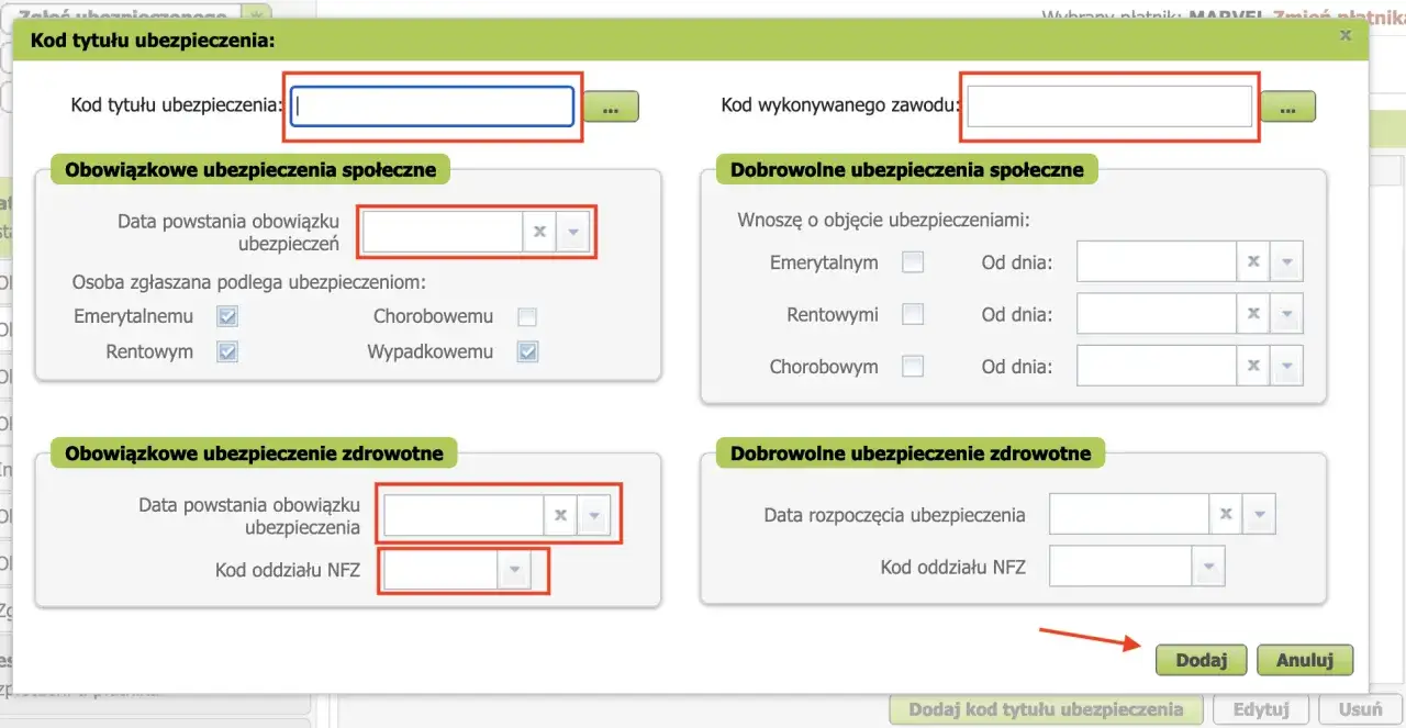 Formularz ZUS: kod tytułu ubezpieczenia, obowiązkowe i dobrowolne ubezpieczenia społeczne i zdrowotne.