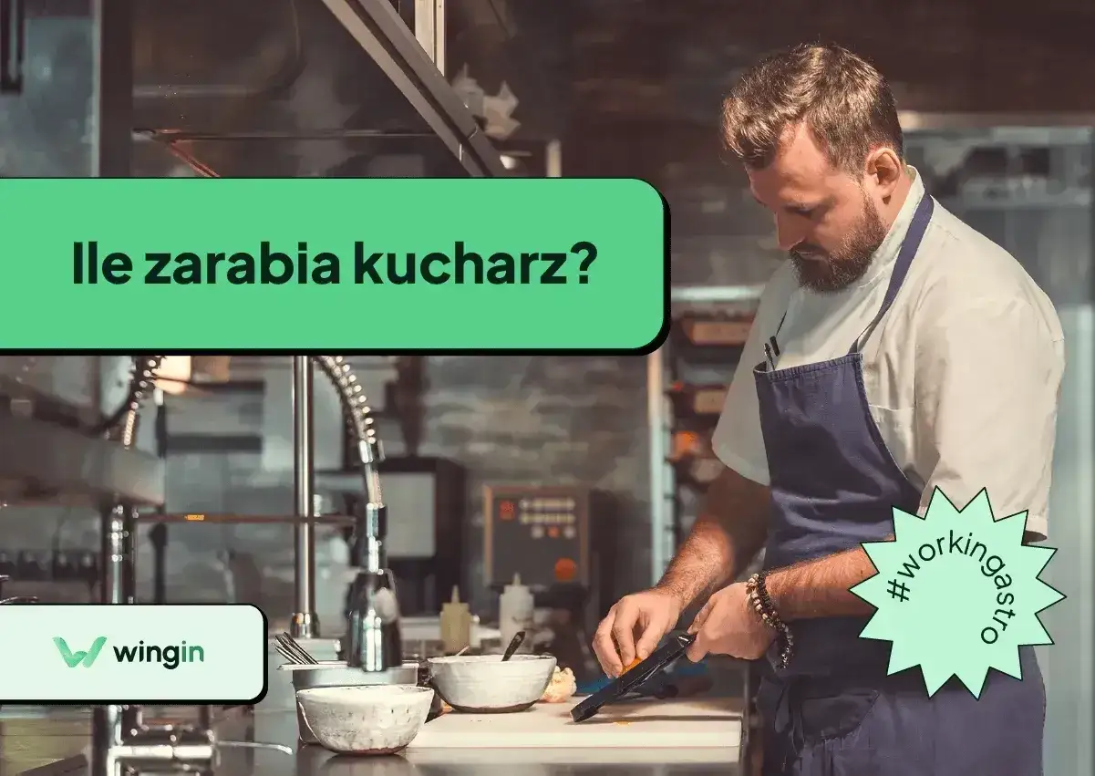 Kucharz w fartuchu przygotowuje jedzenie w kuchni. Na ekranie pytanie: 