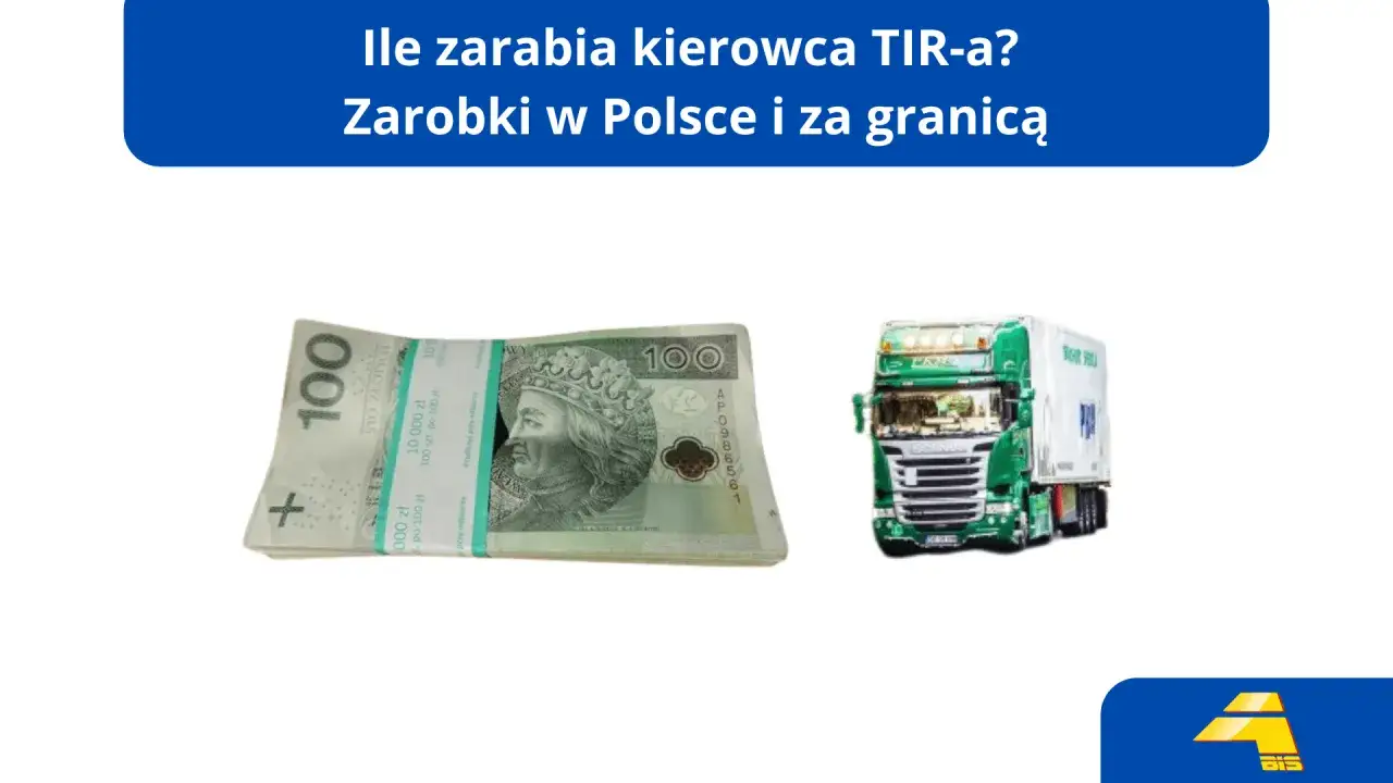 Ile zarabia kierowca tira? Stos banknotów 100 zł i zielona ciężarówka sugerują zarobki w Polsce i za granicą.