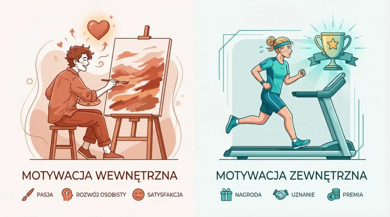 Artysta maluje z pasji, czerpiąc radość z tworzenia. Biegnąca kobieta na bieżni dąży do nagrody i uznania. To dwie ścieżki motywacji.