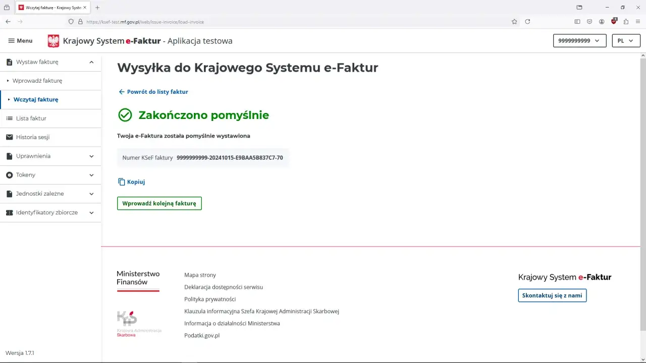 Potwierdzenie wysyłki faktury w KSeF. Widoczny numer KSeF faktury i opcja wprowadzenia kolejnej.