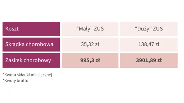 Porównanie kosztów: "Mały" ZUS vs. "Duży" ZUS. Składka chorobowa i zasiłek chorobowy dla "Dużego" ZUS są znacznie wyższe.