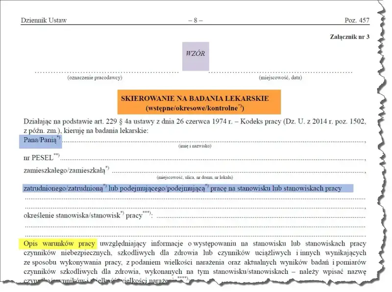 Skierowanie na badania lekarskie (okresowe/kontrolne) dla pracownika. Wpisanie danych pracownika i stanowiska pracy.