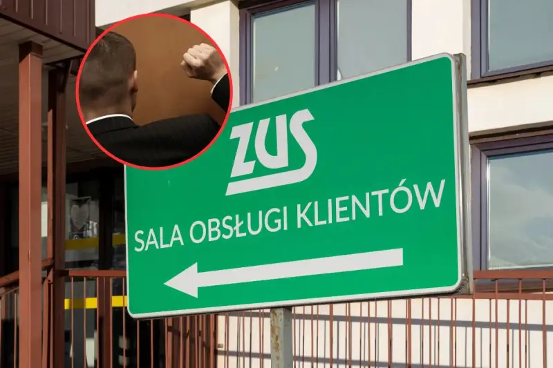Zwolnienie od psychiatry a kontrola ZUS – forum. Mężczyzna w garniturze zaciśniętą pięścią przed budynkiem ZUS.