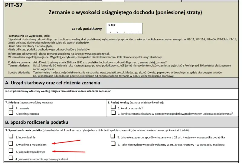 Formularz PIT-37, sekcja "Rodzaj korekty" zaznaczona opcja "korekta zeznania". Wskazanie sposobu rozliczenia podatku: wspólnie z małżonkiem lub jako wdowa/wdowiec.