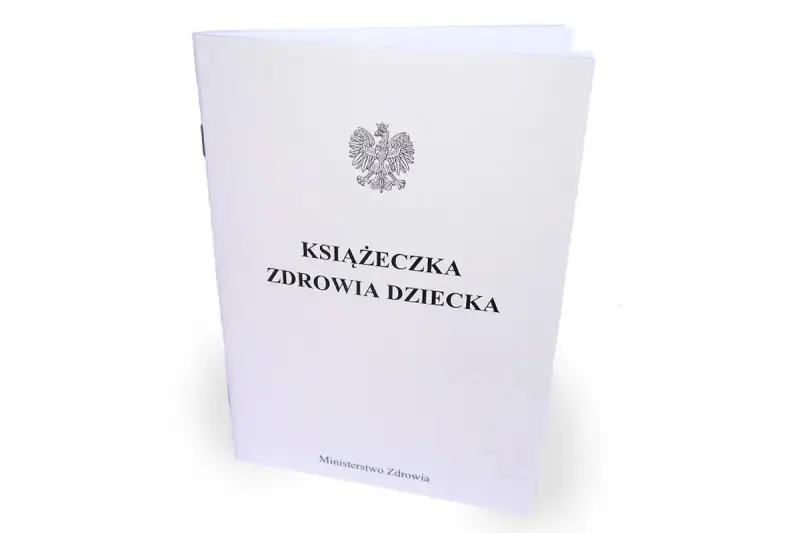 Biała książeczka zdrowia dziecka z godłem Polski i napisem "Książeczka Zdrowia Dziecka". Dokument wydany przez Ministerstwo Zdrowia.