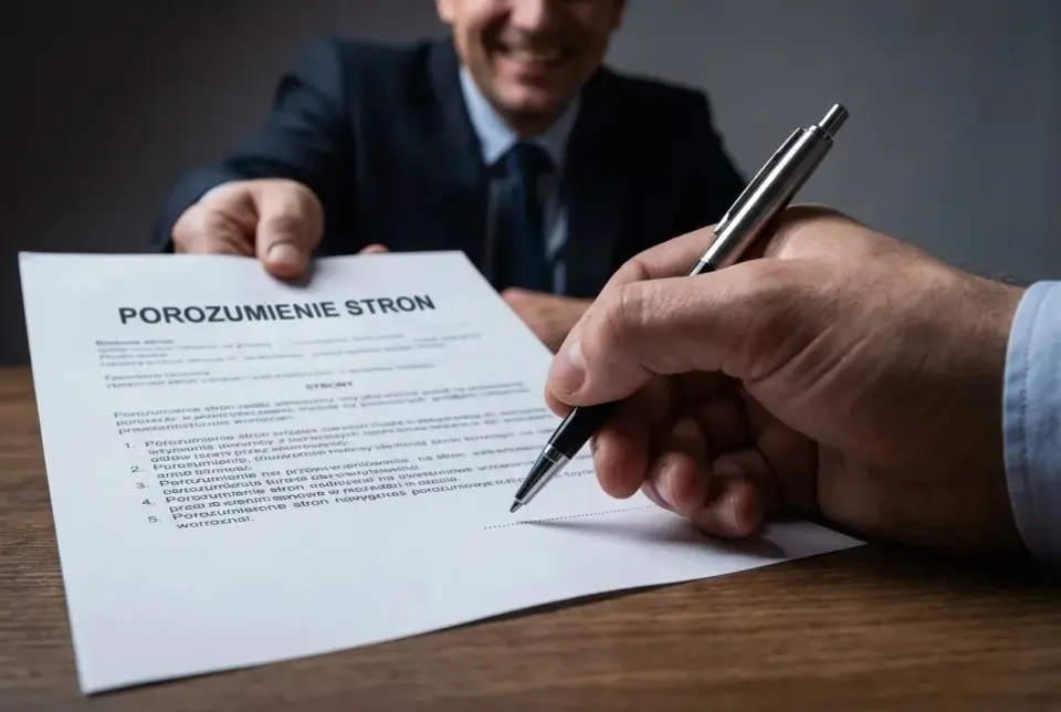 Podpisanie dokumentu "Porozumienie stron" to ważny krok. Uśmiechnięty mężczyzna podaje dokument, a druga osoba podpisuje go.